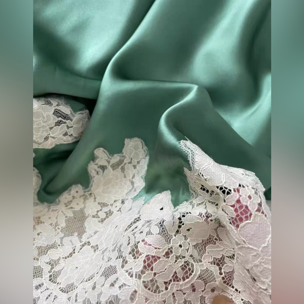 Doen Green Satin Slip Skirt with Cream Lace Hem - Picture 9 of 12
